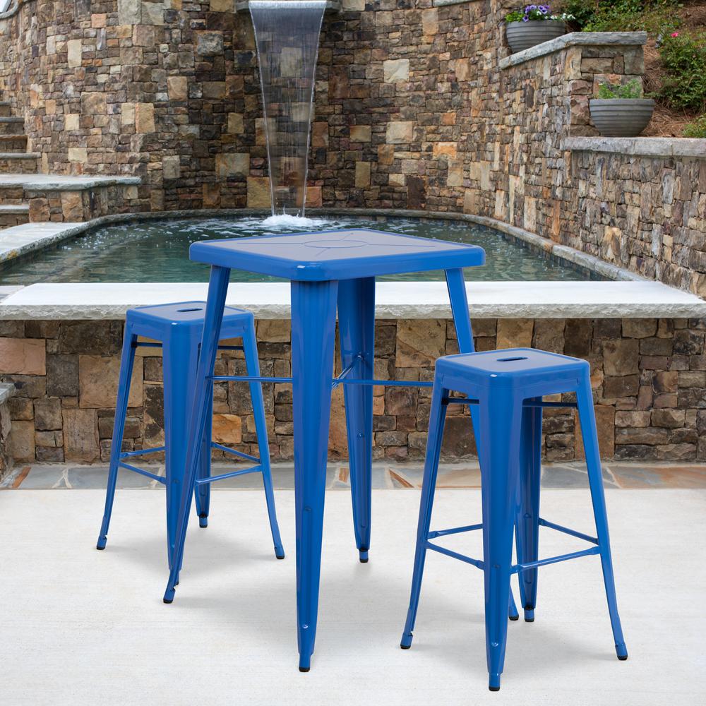 Commercial Grade 23.75" Square Blue Metal Indoor-Outdoor Bar Table Set with 2 Square Seat Backless Stools. Picture 8