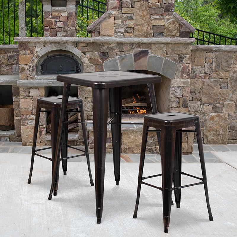 Commercial Grade 23.75" Square Black-Antique Gold Metal Indoor-Outdoor Bar Table Set with 2 Square Seat Backless Stools. Picture 4