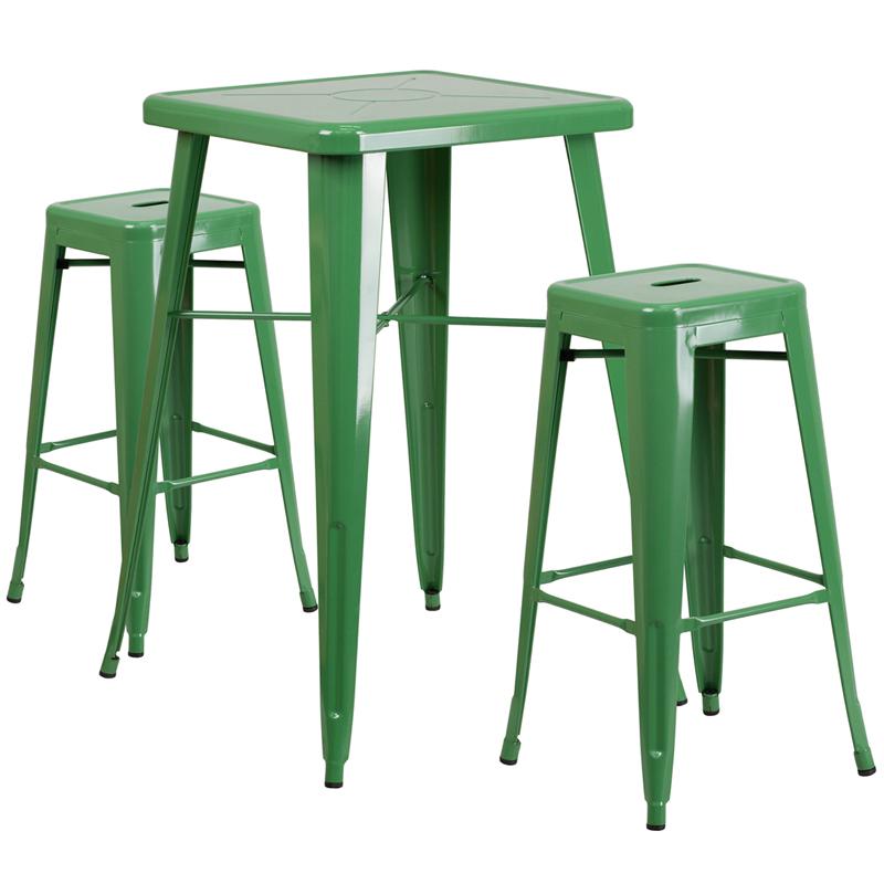 Commercial Grade 23.75" Square Green Metal Indoor-Outdoor Bar Table Set with 2 Square Seat Backless Stools. The main picture.