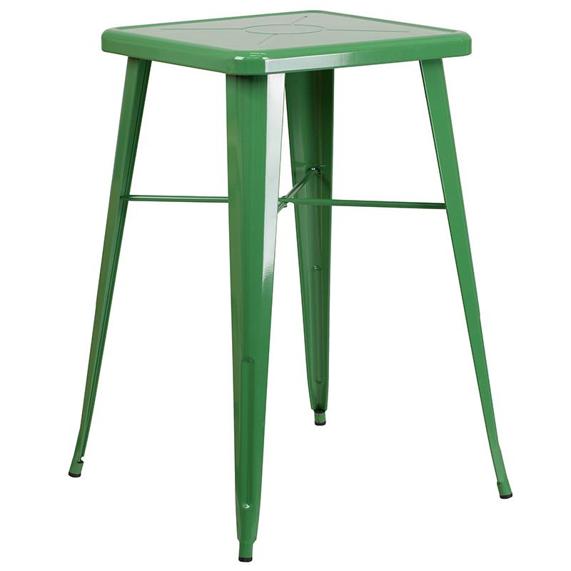 Commercial Grade 23.75" Square Green Metal Indoor-Outdoor Bar Table Set with 2 Square Seat Backless Stools. Picture 2