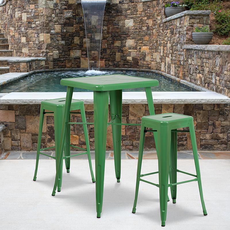 Commercial Grade 23.75" Square Green Metal Indoor-Outdoor Bar Table Set with 2 Square Seat Backless Stools. Picture 4
