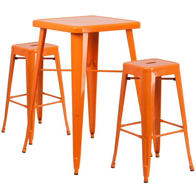 Commercial Grade 23.75" Square Orange Metal Indoor-Outdoor Bar Table Set with 2 Square Seat Backless Stools. Picture 1