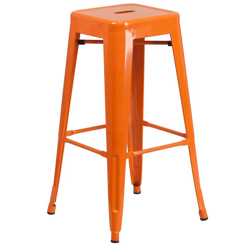 Commercial Grade 23.75" Square Orange Metal Indoor-Outdoor Bar Table Set with 2 Square Seat Backless Stools. Picture 3
