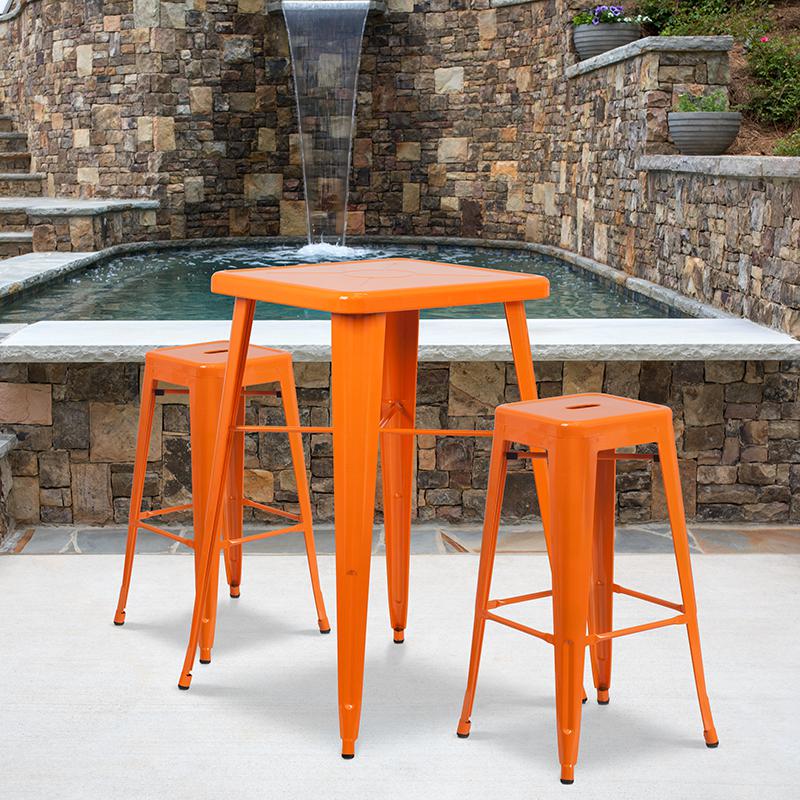 Commercial Grade 23.75" Square Orange Metal Indoor-Outdoor Bar Table Set with 2 Square Seat Backless Stools. Picture 4