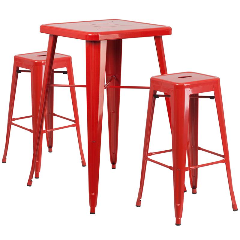 Commercial Grade 23.75" Square Red Metal Indoor-Outdoor Bar Table Set with 2 Square Seat Backless Stools. Picture 1