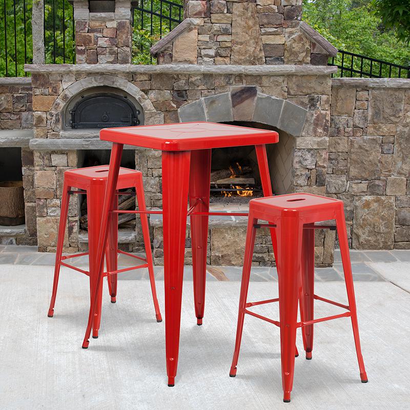 23.75" Red Metal Indoor-Outdoor Bar Table Set with 2 Seat Backless Stools. Picture 1