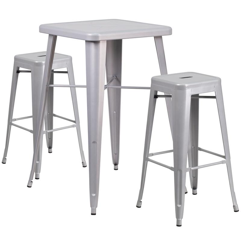 23.75" Silver Metal Indoor-Outdoor Bar Table Set with 2 Seat Backless Stools. Picture 2