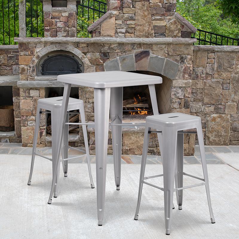 23.75" Silver Metal Indoor-Outdoor Bar Table Set with 2 Seat Backless Stools. Picture 1