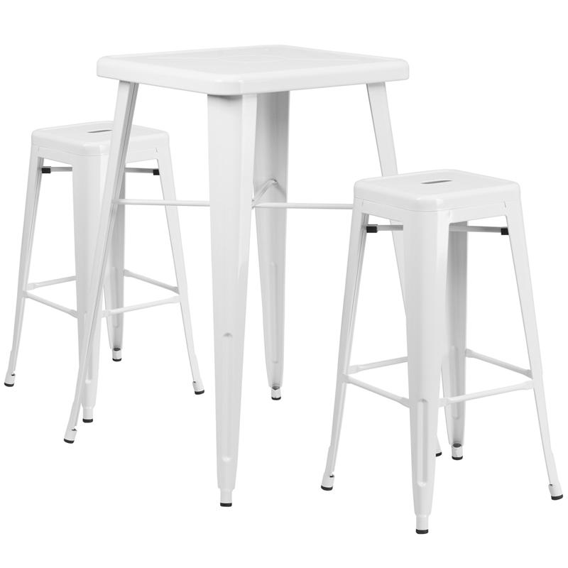 23.75" Square White Metal In-Outdoor Bar Table Set-2 Square Seat Stools. Picture 2