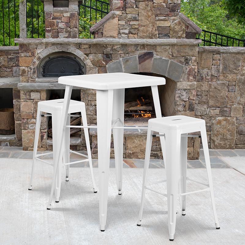 23.75" Square White Metal In-Outdoor Bar Table Set-2 Square Seat Stools. The main picture.
