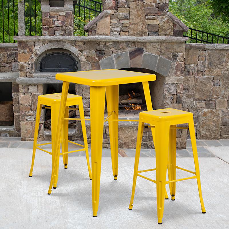23.75" Square Yellow Metal In-Outdoor Bar Table Set-2 Square Seat Stools. The main picture.