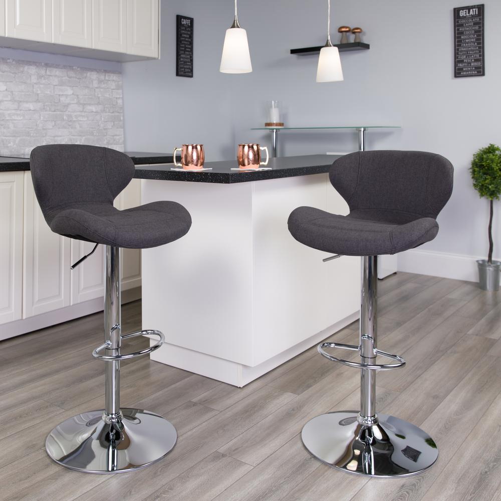 Contemporary Charcoal Fabric Adjustable Height Barstool with Curved Back and Chrome Base. Picture 6