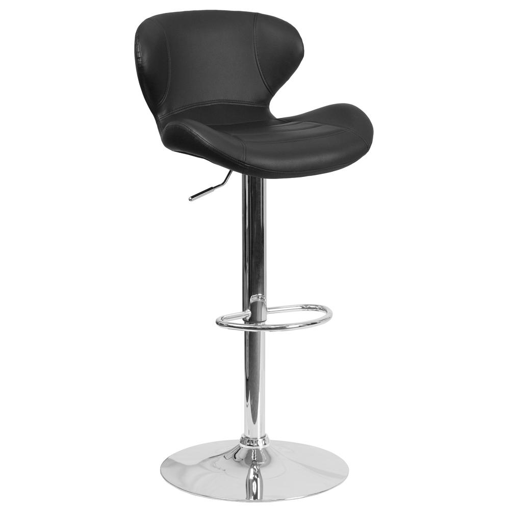 Contemporary Black Vinyl Adjustable Height Barstool with Curved Back and Chrome Base. Picture 1