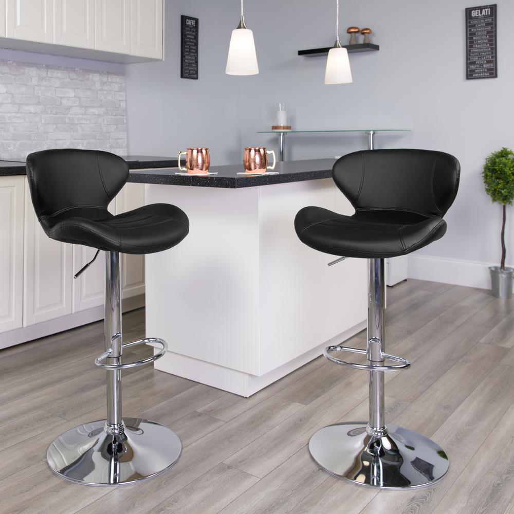 Contemporary Black Vinyl Adjustable Height Barstool with Curved Back and Chrome Base. Picture 6
