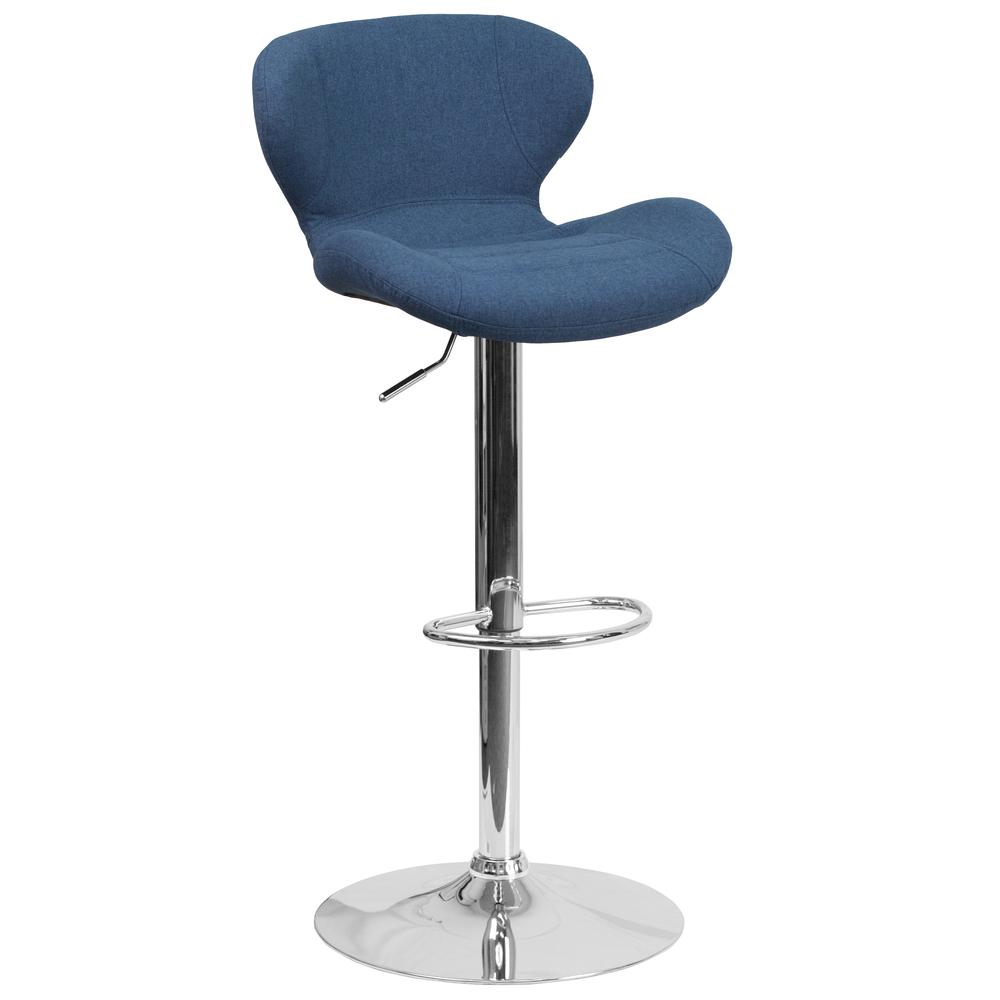Contemporary Blue Fabric Adjustable Height Barstool with Curved Back and Chrome Base. Picture 1