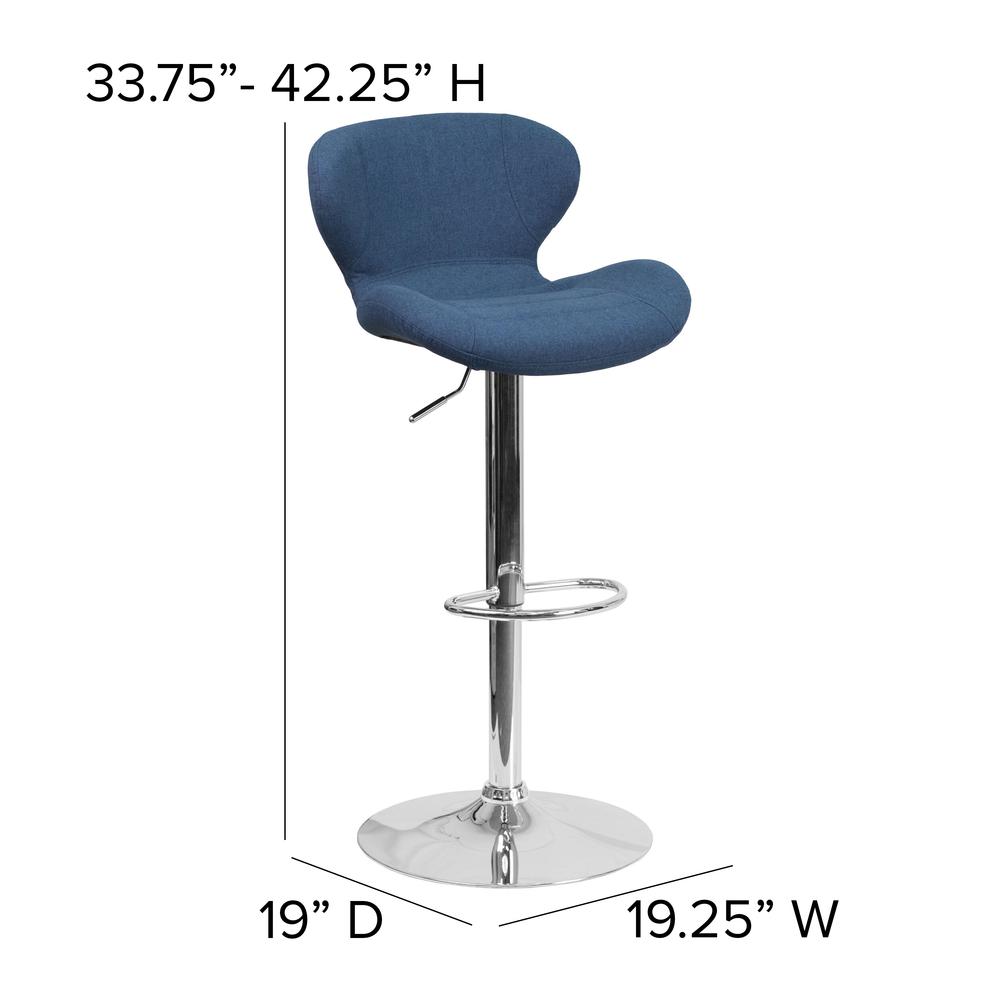 Contemporary Blue Fabric Adjustable Height Barstool with Curved Back and Chrome Base. Picture 2