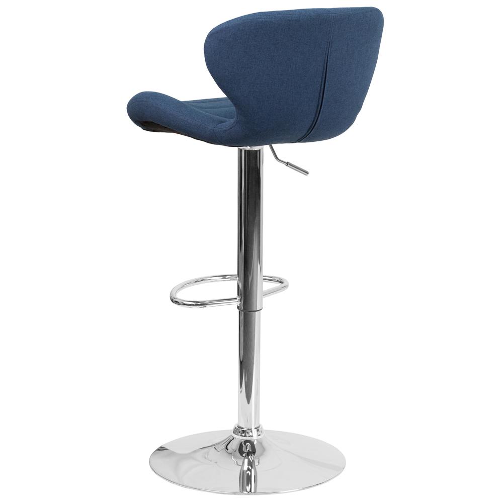 Contemporary Blue Fabric Adjustable Height Barstool with Curved Back and Chrome Base. Picture 4