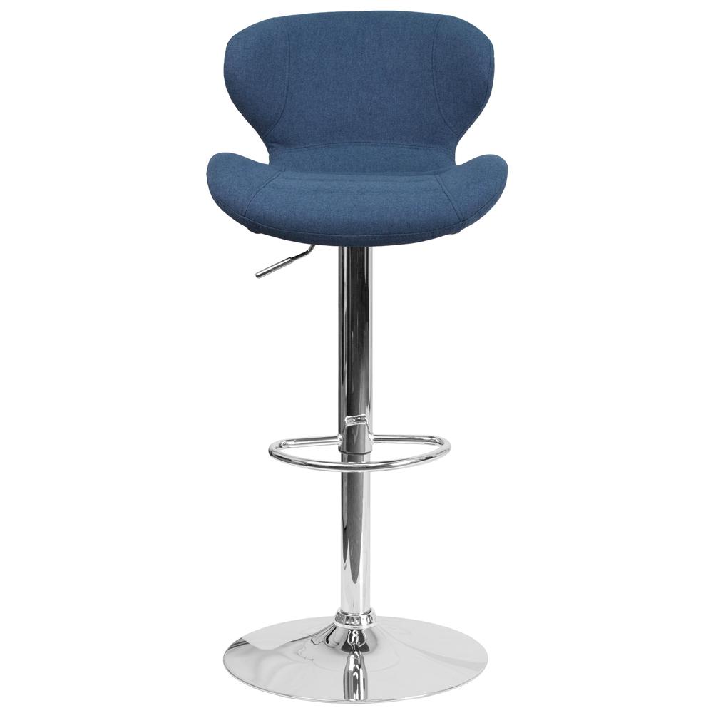 Contemporary Blue Fabric Adjustable Height Barstool with Curved Back and Chrome Base. Picture 5