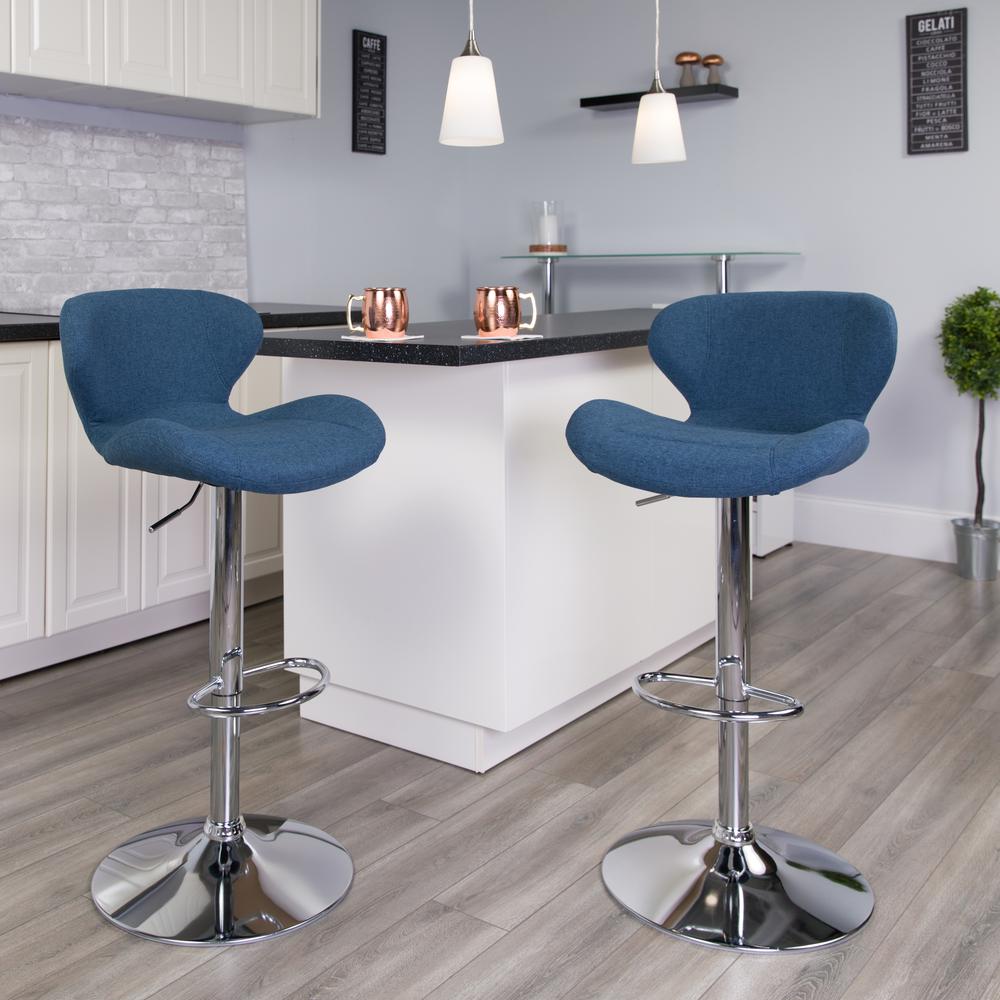 Contemporary Blue Fabric Adjustable Height Barstool with Curved Back and Chrome Base. Picture 6