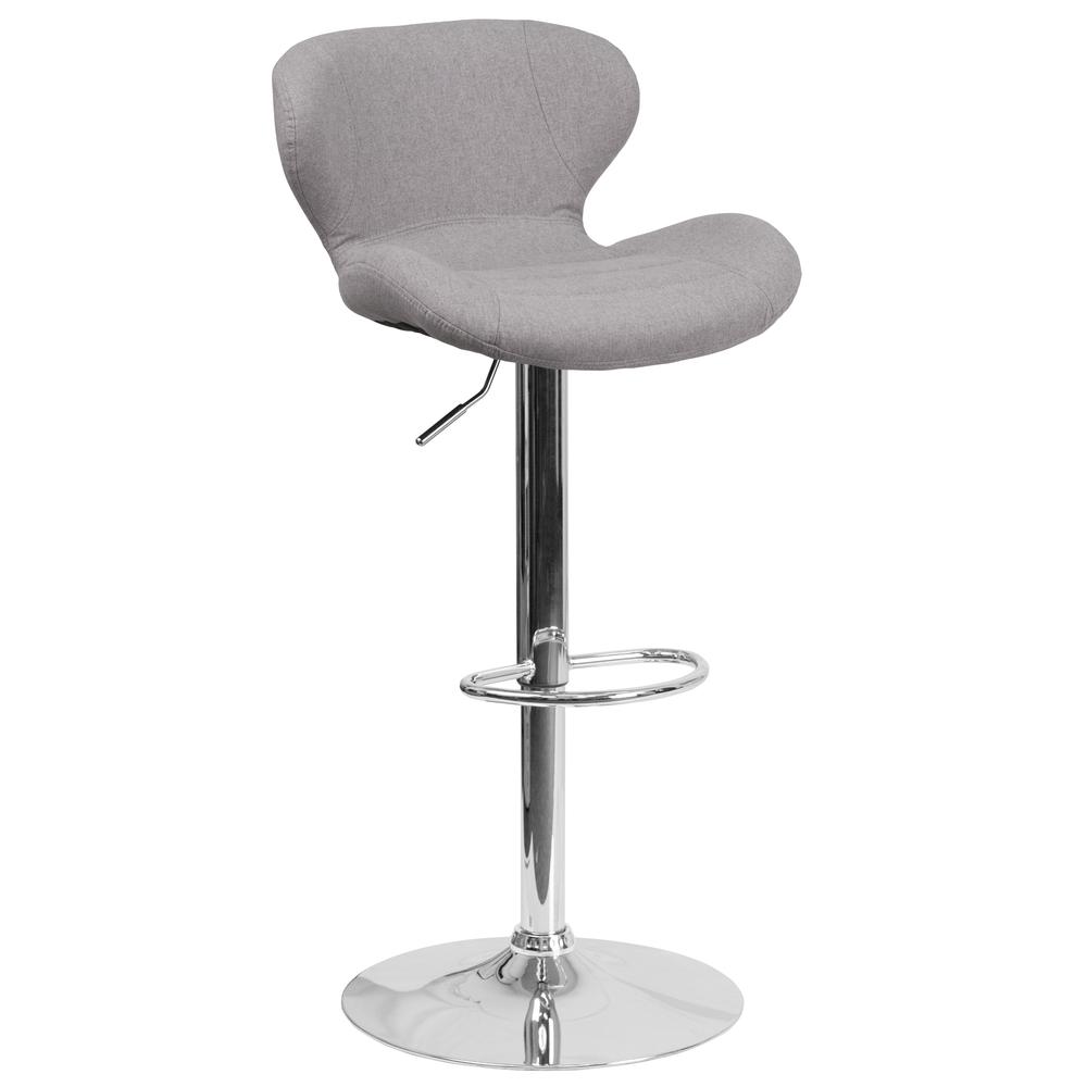 Contemporary Gray Fabric Adjustable Height Barstool with Curved Back and Chrome Base. The main picture.