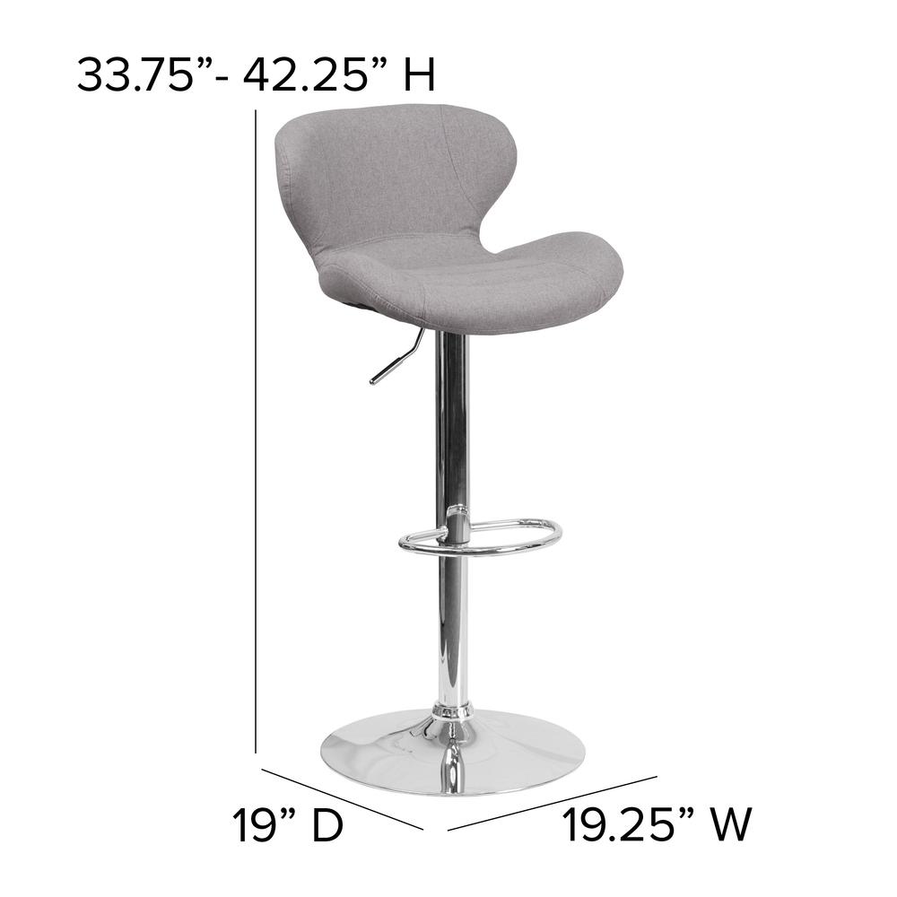 Contemporary Gray Fabric Adjustable Height Barstool with Curved Back and Chrome Base. Picture 2