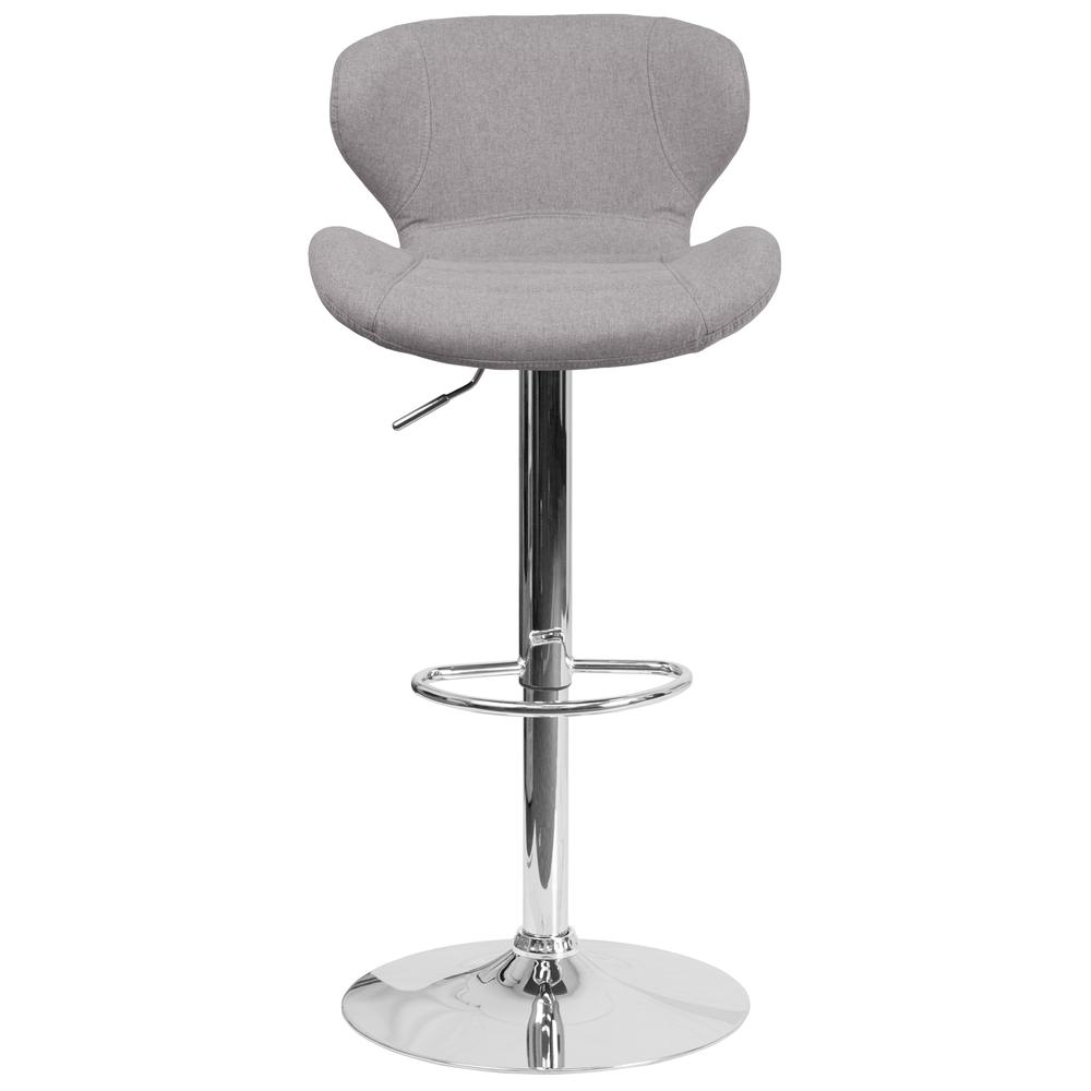 Contemporary Gray Fabric Adjustable Height Barstool with Curved Back and Chrome Base. Picture 5