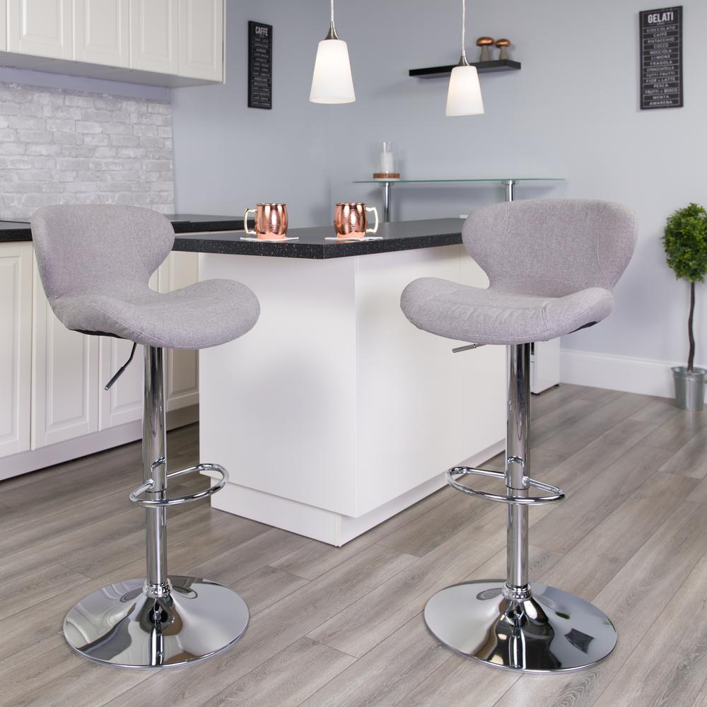 Contemporary Gray Fabric Adjustable Height Barstool with Curved Back and Chrome Base. Picture 6