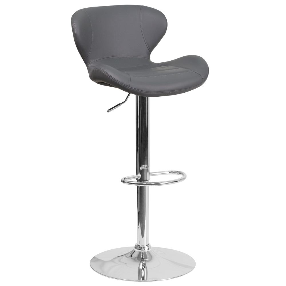 Contemporary Gray Vinyl Adjustable Height Barstool with Curved Back and Chrome Base. Picture 1