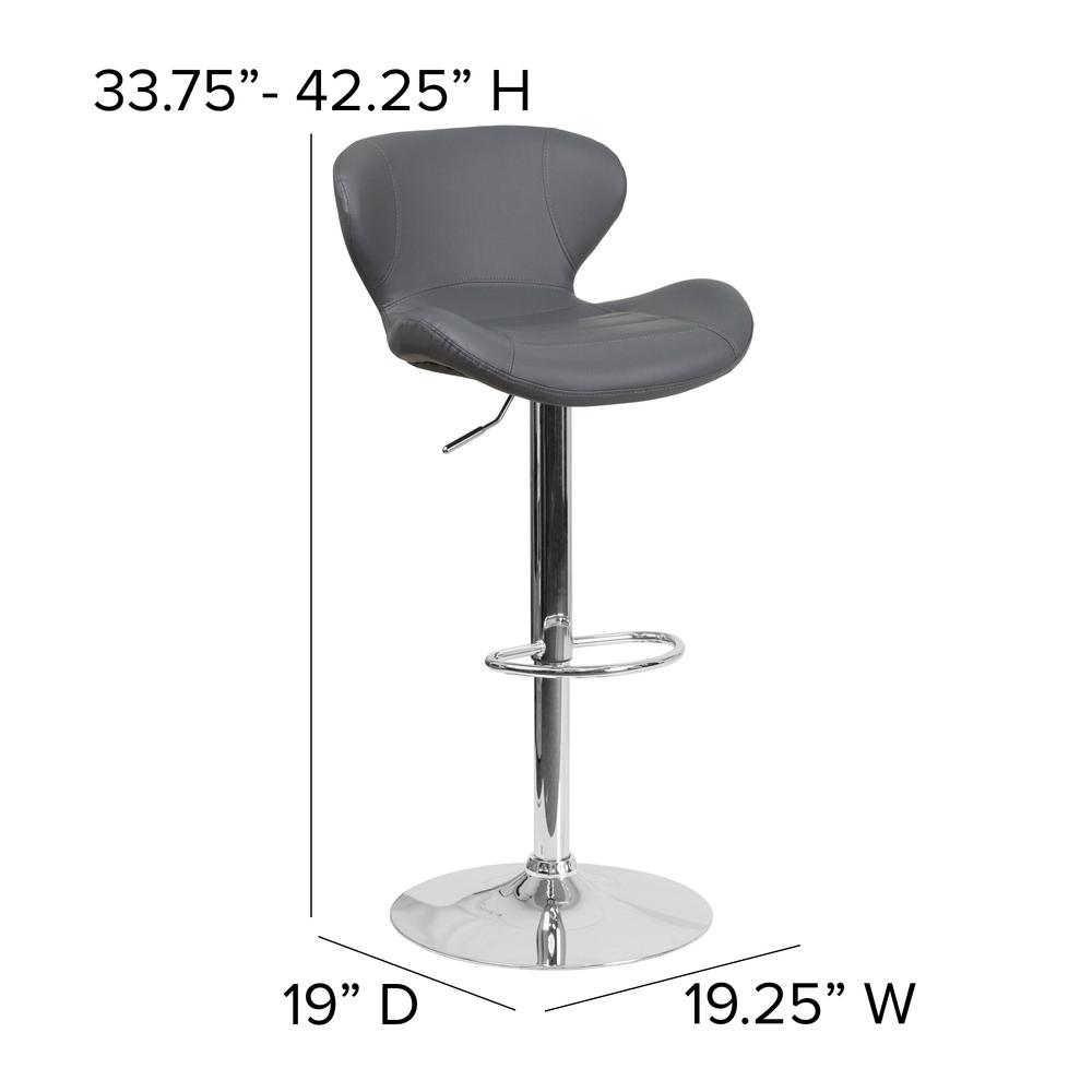 Contemporary Gray Vinyl Adjustable Height Barstool with Curved Back and Chrome Base. Picture 2