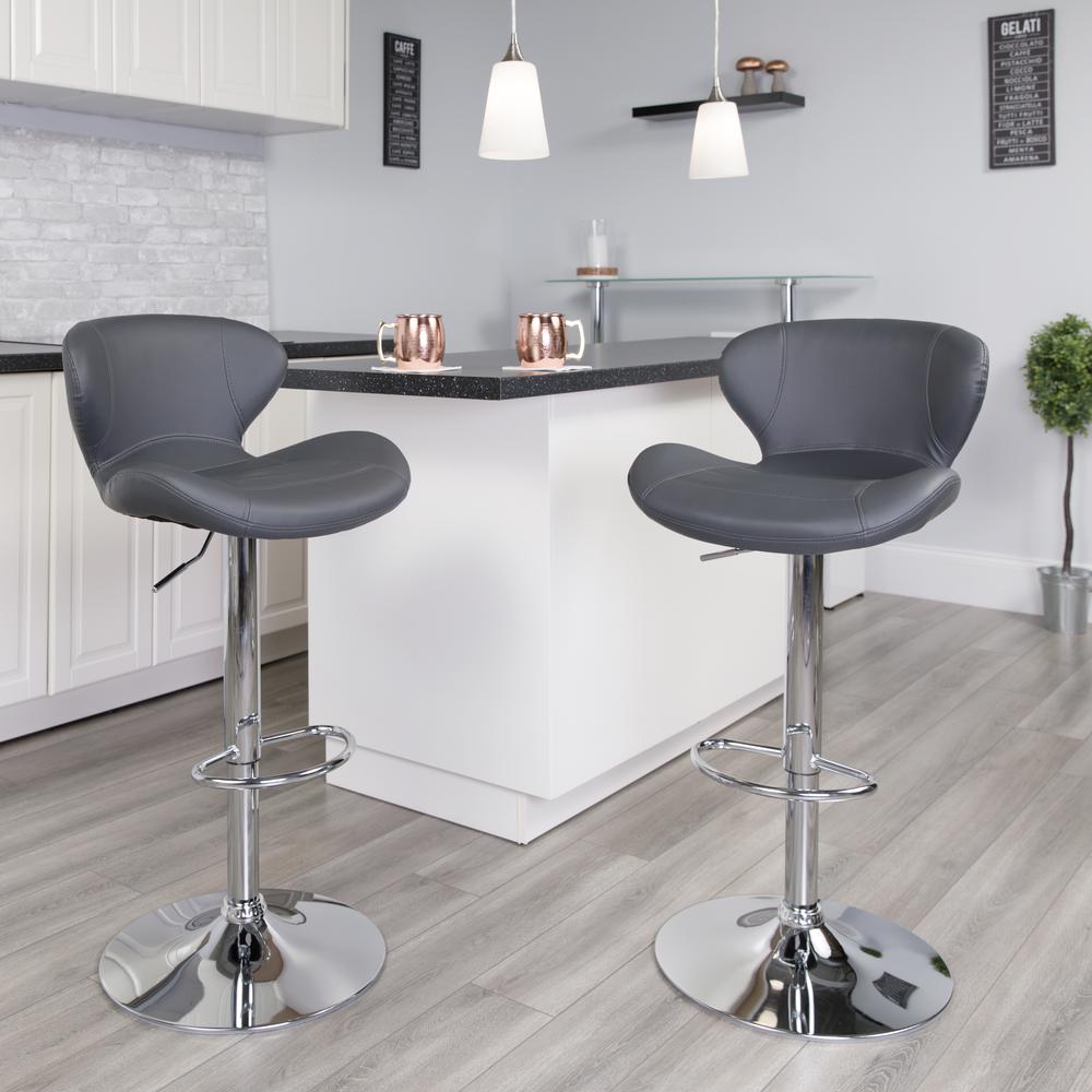 Contemporary Gray Vinyl Adjustable Height Barstool with Curved Back and Chrome Base. Picture 6