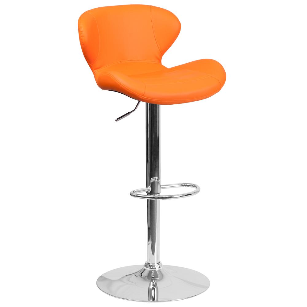 Contemporary Orange Vinyl Adjustable Height Barstool with Curved Back and Chrome Base. Picture 1