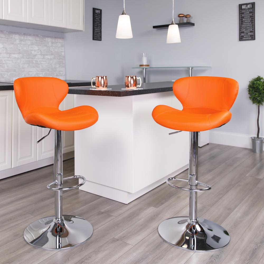 Contemporary Orange Vinyl Adjustable Height Barstool with Curved Back and Chrome Base. Picture 6