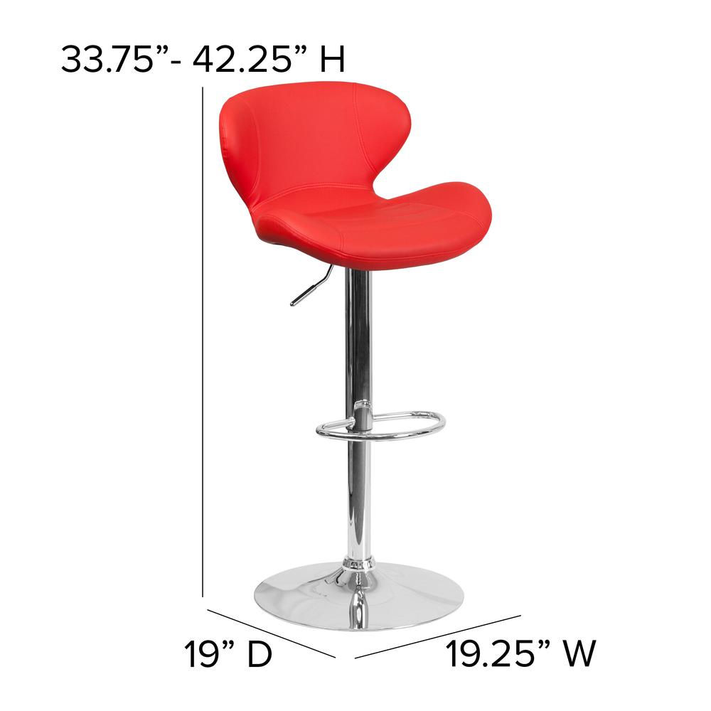 Contemporary Red Vinyl Adjustable Height Barstool with Curved Back and Chrome Base. Picture 2