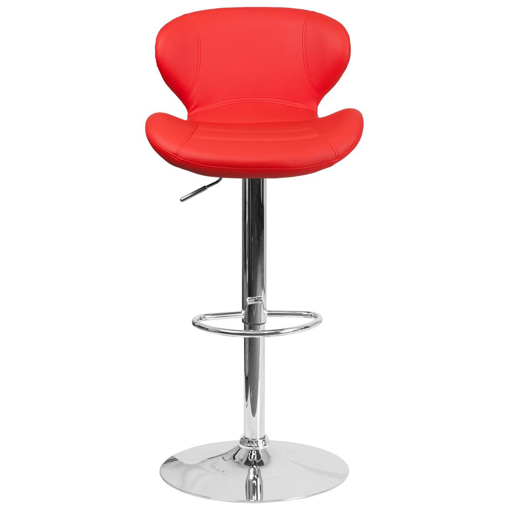 Contemporary Red Vinyl Adjustable Height Barstool with Curved Back and Chrome Base. Picture 5