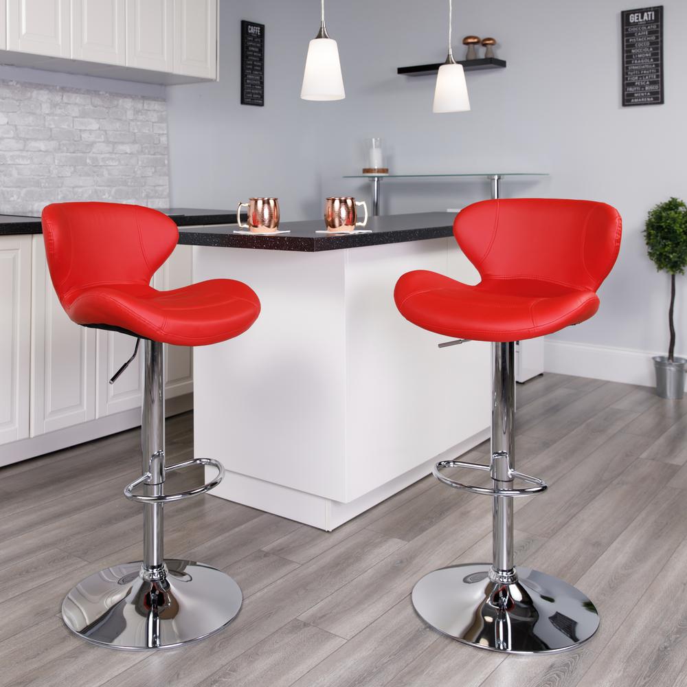 Contemporary Red Vinyl Adjustable Height Barstool with Curved Back and Chrome Base. Picture 6