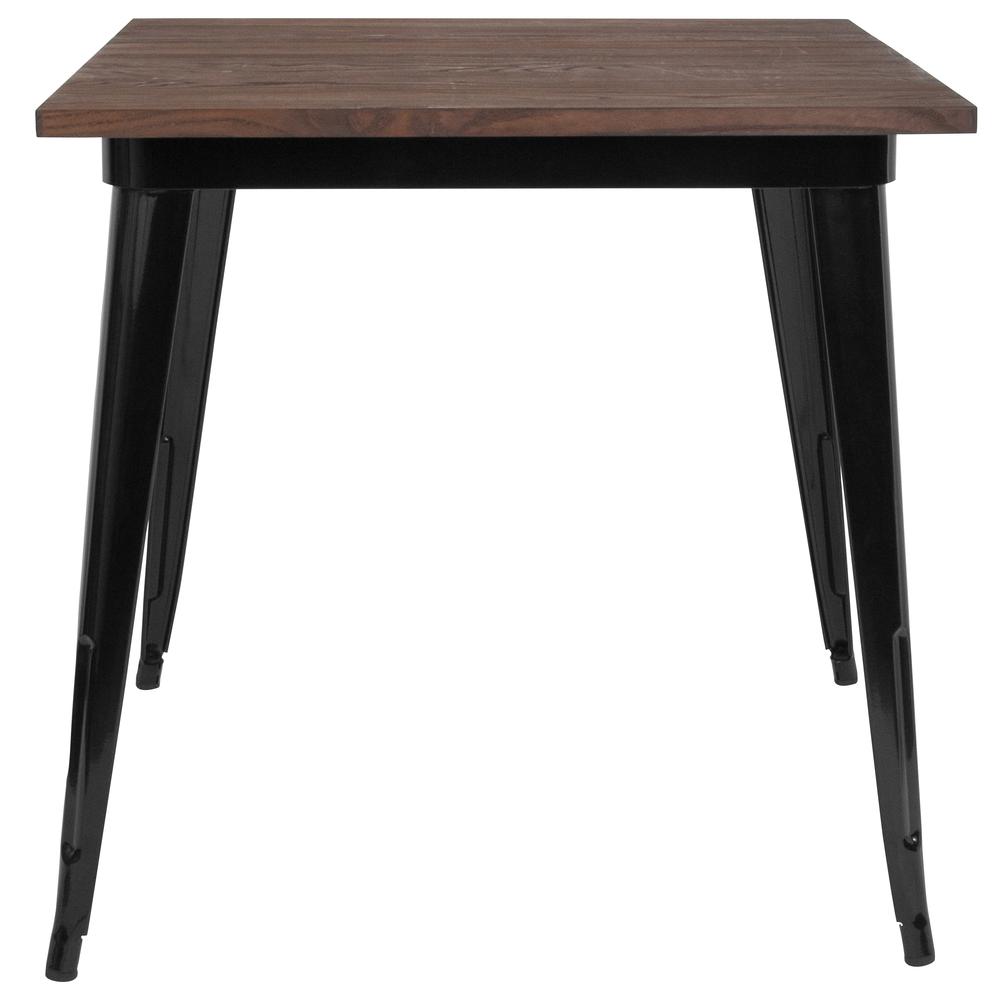 31.5" Square Black Metal Indoor Table with Walnut Rustic Wood Top. Picture 2