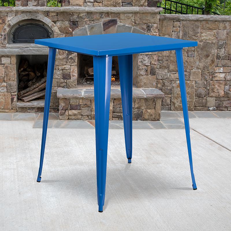 Commercial Grade 31.5" Square Blue Metal Indoor-Outdoor Bar Height Table. Picture 1