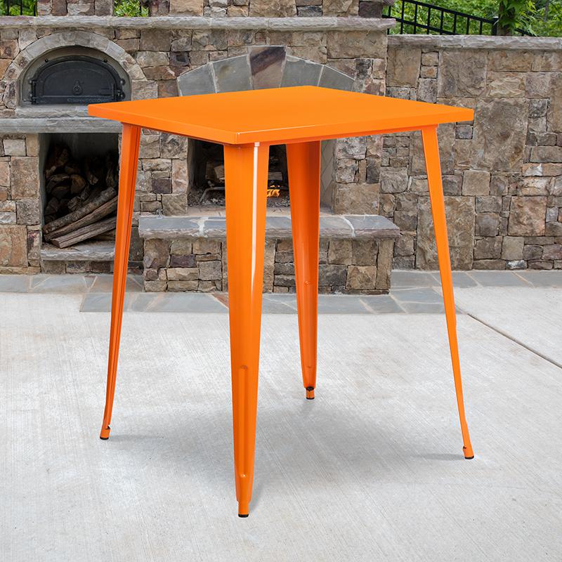 Commercial Grade 31.5" Square Orange Metal Indoor-Outdoor Bar Height Table. Picture 1