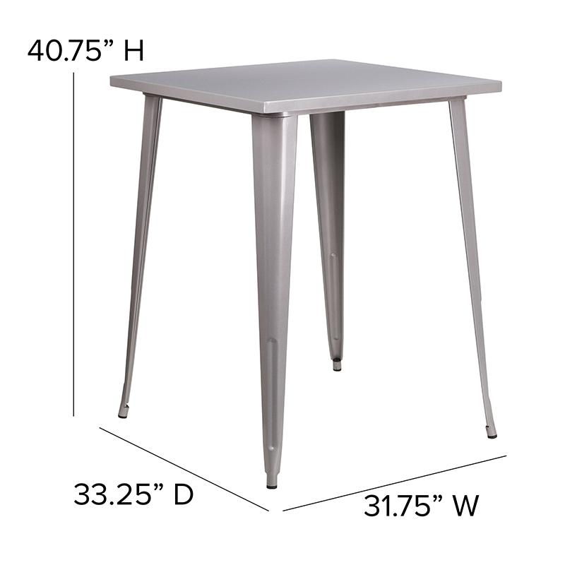 Commercial Grade 31.5" Square Silver Metal Indoor-Outdoor Bar Height Table. Picture 2