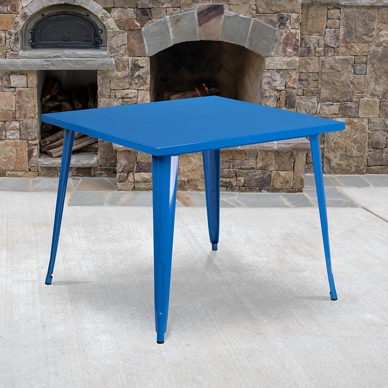 Commercial Grade 35.5" Square Blue Metal Indoor-Outdoor Table. Picture 1
