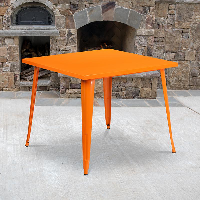 Commercial Grade 35.5" Square Orange Metal Indoor-Outdoor Table. Picture 1