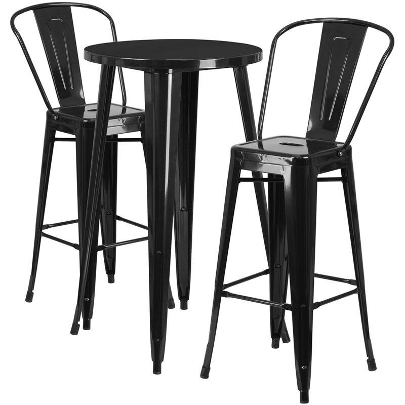 Commercial Grade 24" Round Black Metal Indoor-Outdoor Bar Table Set with 2 Cafe Stools. Picture 1