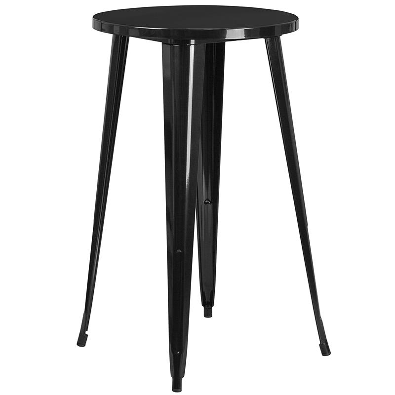 Commercial Grade 24" Round Black Metal Indoor-Outdoor Bar Table Set with 2 Cafe Stools. Picture 2