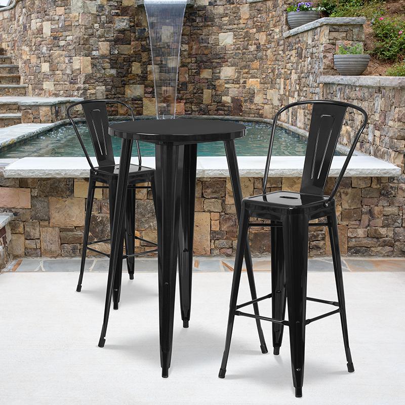 Commercial Grade 24" Round Black Metal Indoor-Outdoor Bar Table Set with 2 Cafe Stools. Picture 4