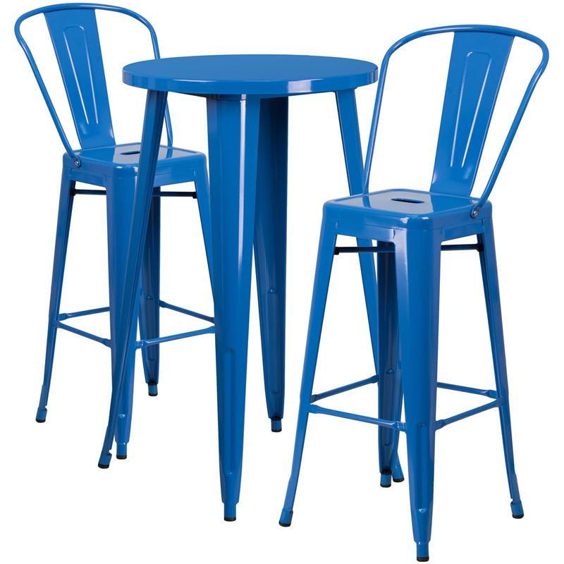 Commercial Grade 24" Round Blue Metal Indoor-Outdoor Bar Table Set with 2 Cafe Stools. Picture 1