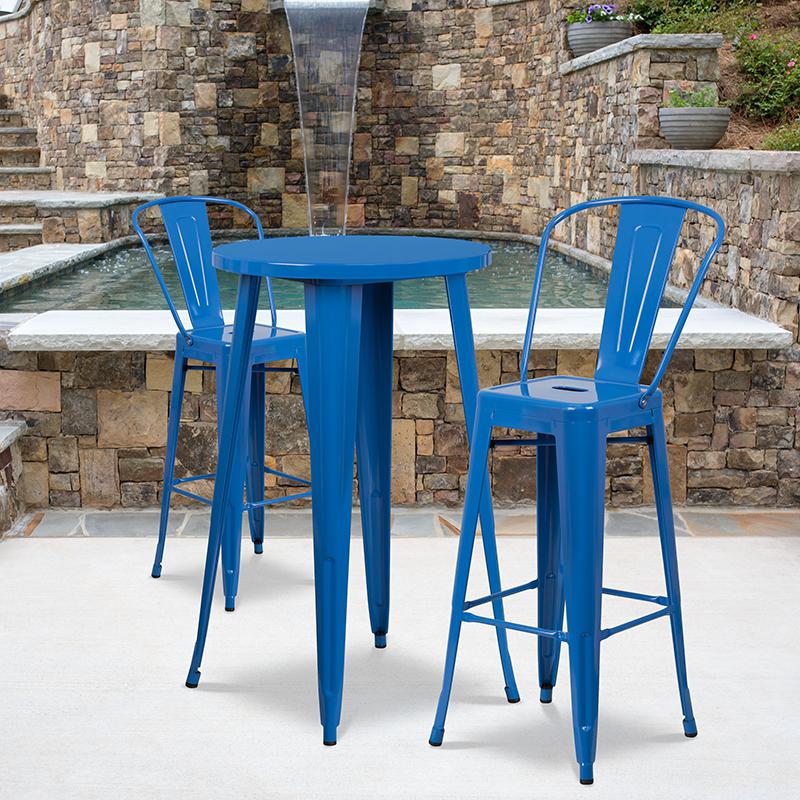 Commercial Grade 24" Round Blue Metal Indoor-Outdoor Bar Table Set with 2 Cafe Stools. Picture 4