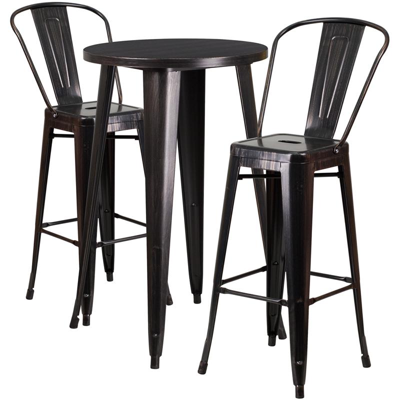 Commercial Grade 24" Round Black-Antique Gold Metal Indoor-Outdoor Bar Table Set with 2 Cafe Stools. The main picture.