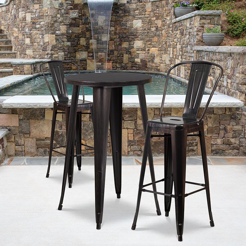 Commercial Grade 24" Round Black-Antique Gold Metal Indoor-Outdoor Bar Table Set with 2 Cafe Stools. Picture 4
