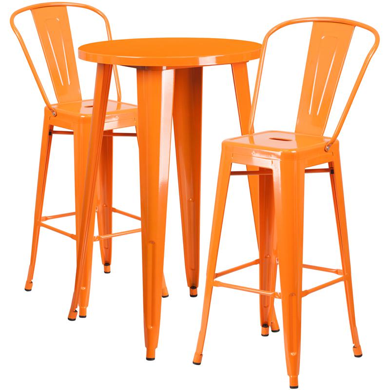 24" Round Orange Metal Indoor-Outdoor Bar Table Set with 2 Cafe Stools. Picture 2