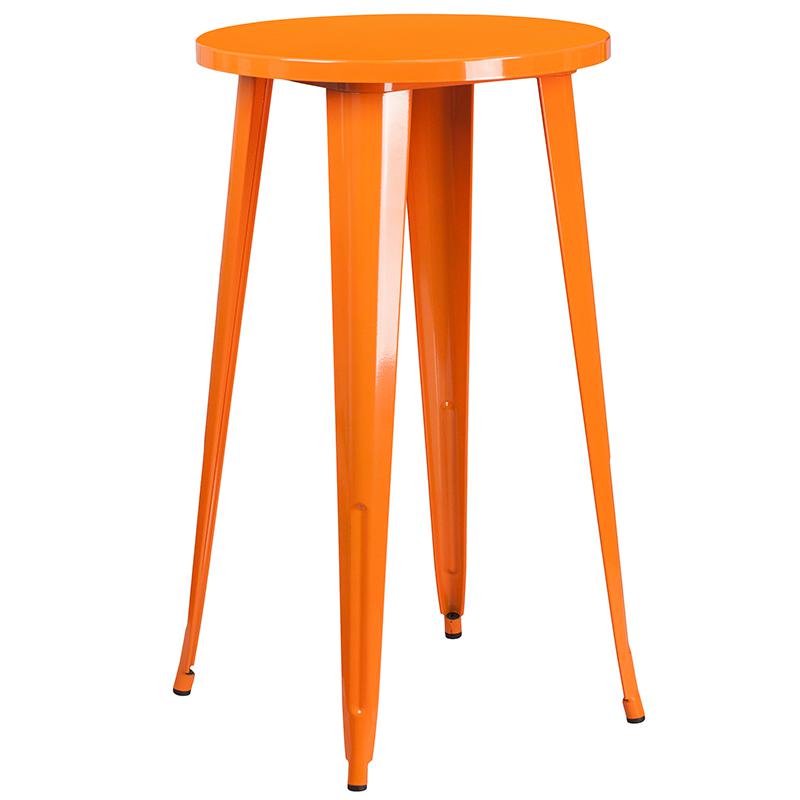 24" Round Orange Metal Indoor-Outdoor Bar Table Set with 2 Cafe Stools. Picture 4